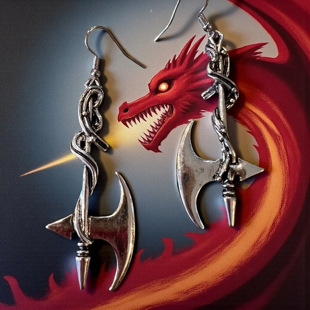 Silver Toned Battle Axe Earrings